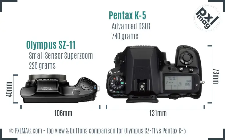 Olympus SZ-11 vs Pentax K-5 top view buttons comparison