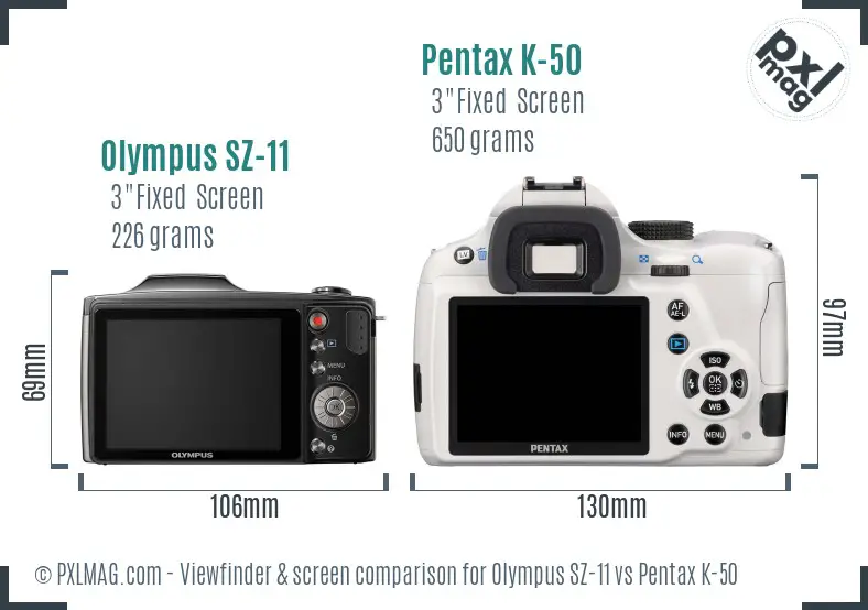 Olympus SZ-11 vs Pentax K-50 Screen and Viewfinder comparison