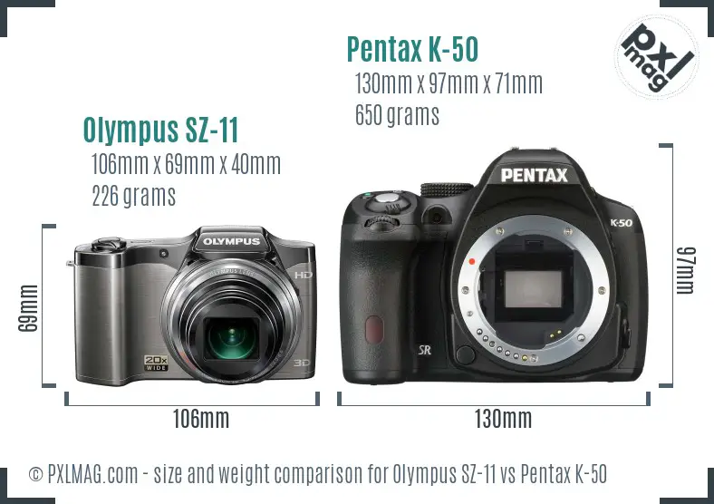 Olympus SZ-11 vs Pentax K-50 size comparison