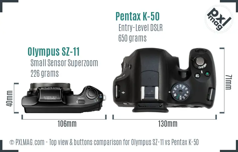 Olympus SZ-11 vs Pentax K-50 top view buttons comparison