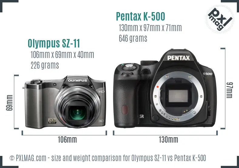 Olympus SZ-11 vs Pentax K-500 size comparison