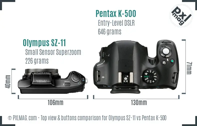 Olympus SZ-11 vs Pentax K-500 top view buttons comparison