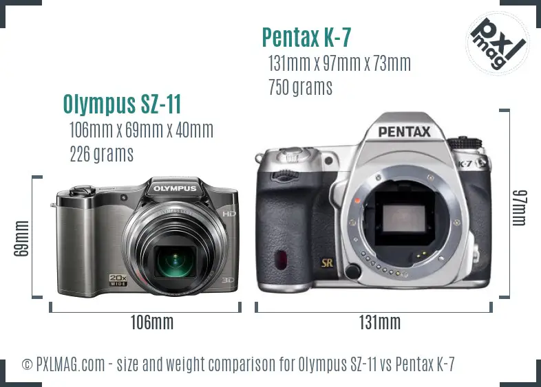 Olympus SZ-11 vs Pentax K-7 size comparison