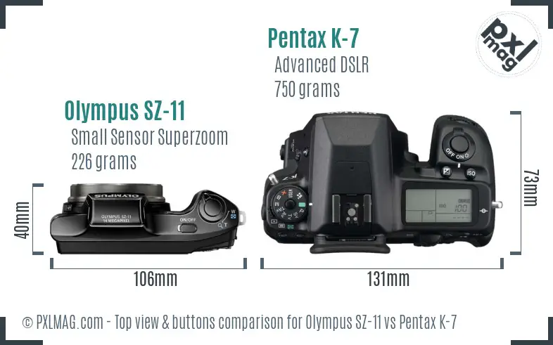 Olympus SZ-11 vs Pentax K-7 top view buttons comparison