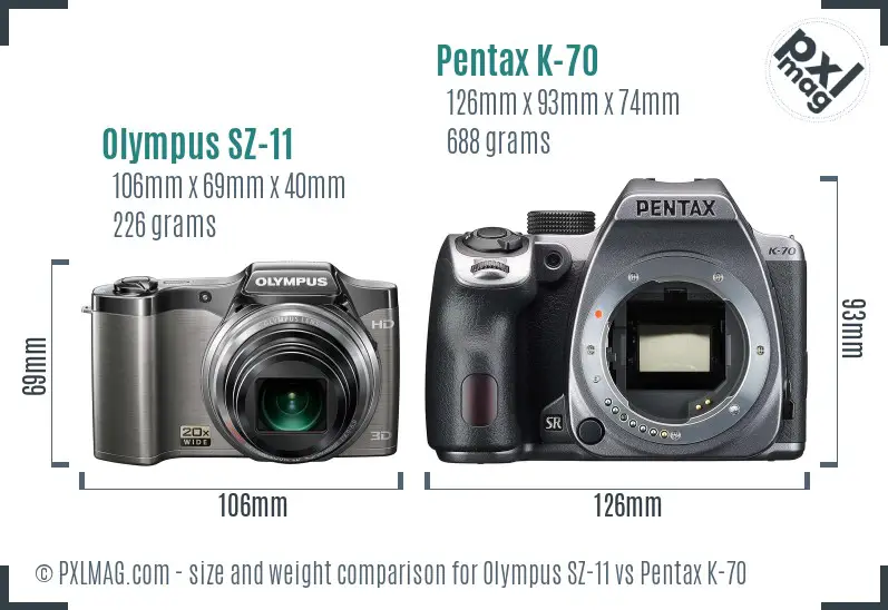 Olympus SZ-11 vs Pentax K-70 size comparison