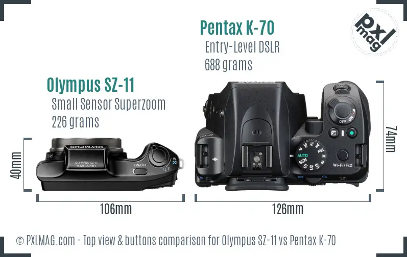 Olympus SZ-11 vs Pentax K-70 top view buttons comparison