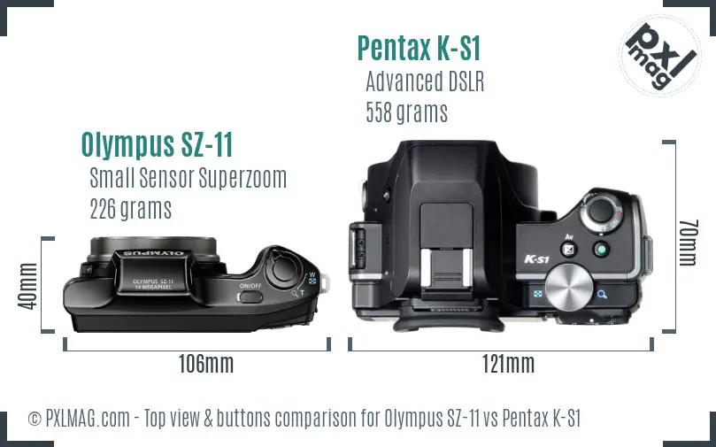 Olympus SZ-11 vs Pentax K-S1 top view buttons comparison