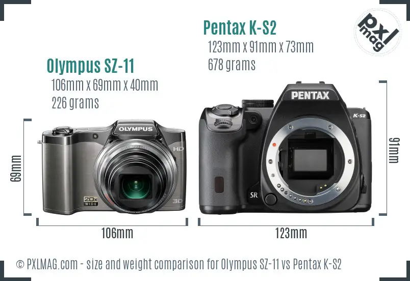 Olympus SZ-11 vs Pentax K-S2 size comparison