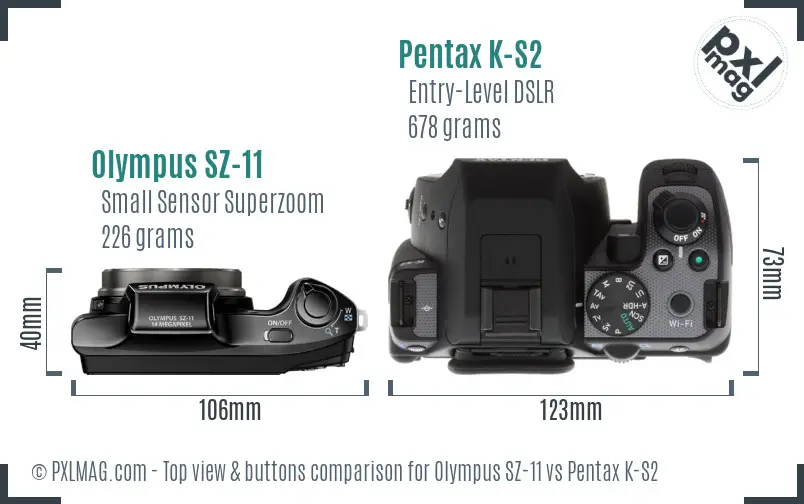 Olympus SZ-11 vs Pentax K-S2 top view buttons comparison