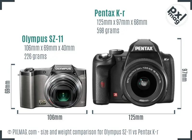 Olympus SZ-11 vs Pentax K-r size comparison