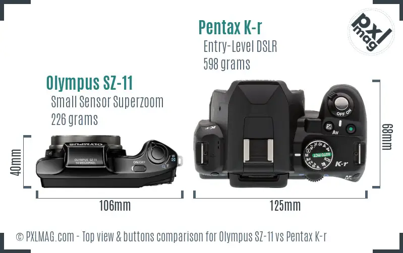 Olympus SZ-11 vs Pentax K-r top view buttons comparison