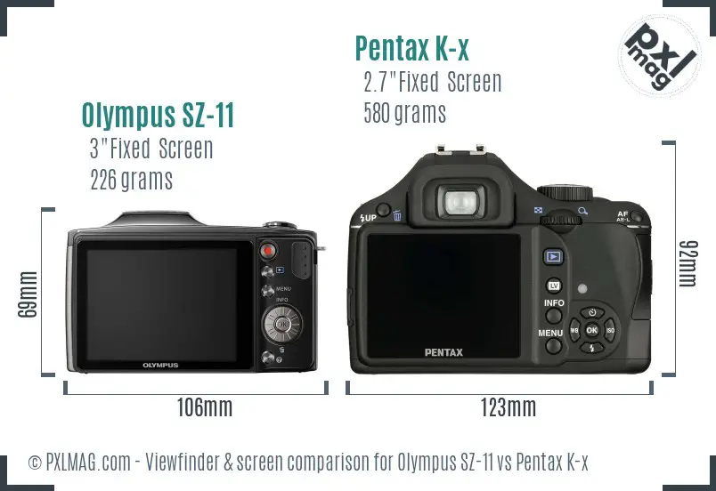Olympus SZ-11 vs Pentax K-x Screen and Viewfinder comparison