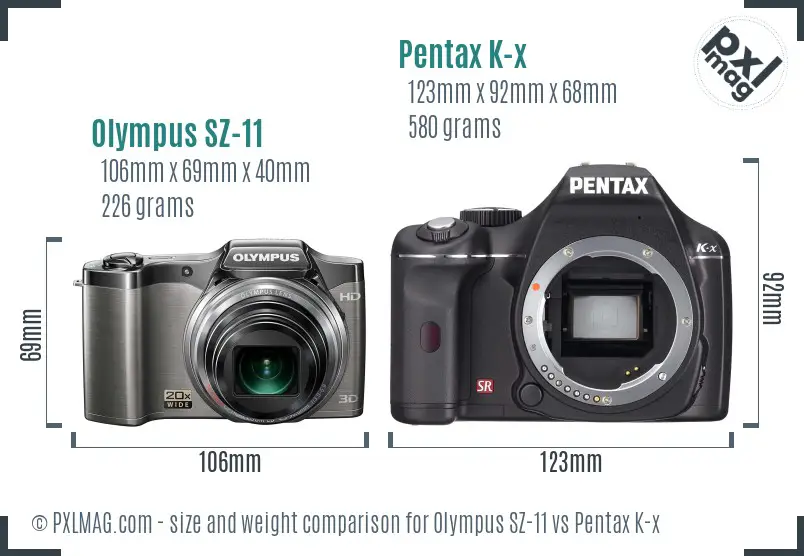 Olympus SZ-11 vs Pentax K-x size comparison