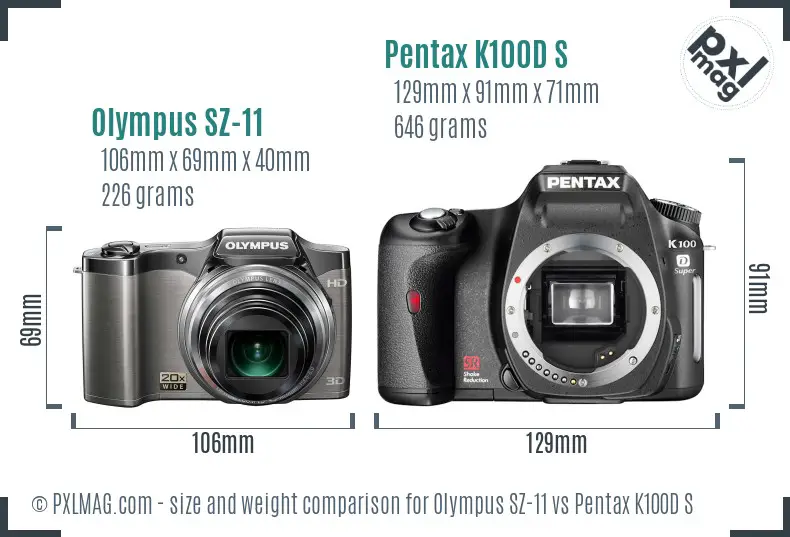 Olympus SZ-11 vs Pentax K100D S size comparison