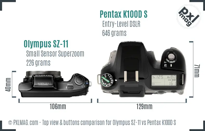 Olympus SZ-11 vs Pentax K100D S top view buttons comparison