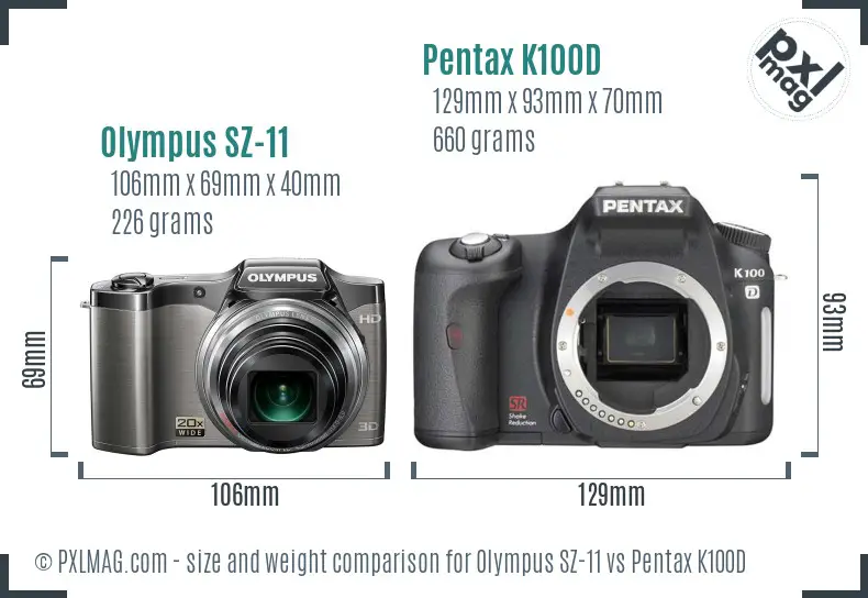 Olympus SZ-11 vs Pentax K100D size comparison