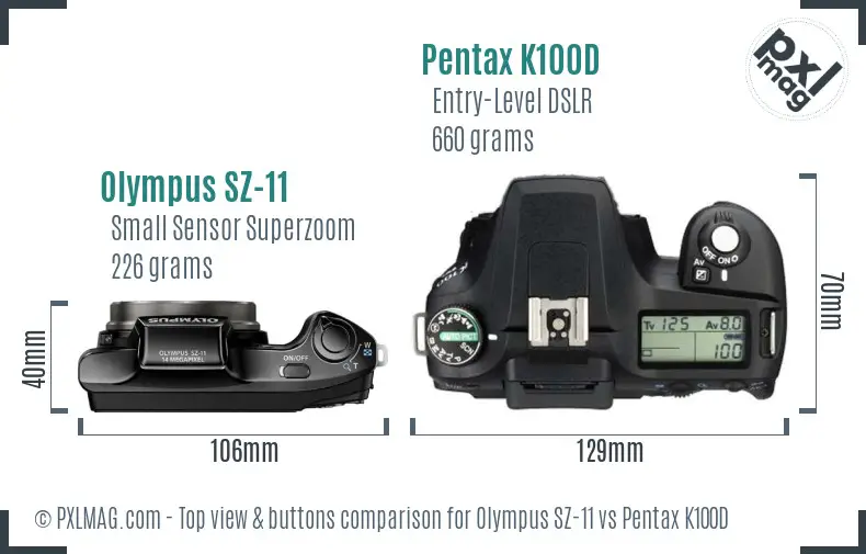 Olympus SZ-11 vs Pentax K100D top view buttons comparison