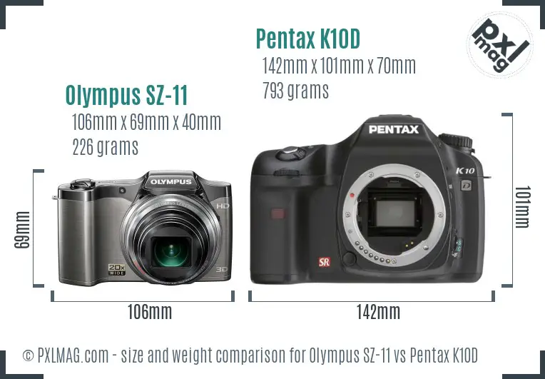 Olympus SZ-11 vs Pentax K10D size comparison