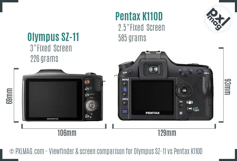 Olympus SZ-11 vs Pentax K110D Screen and Viewfinder comparison