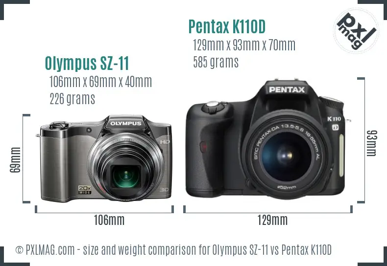 Olympus SZ-11 vs Pentax K110D size comparison