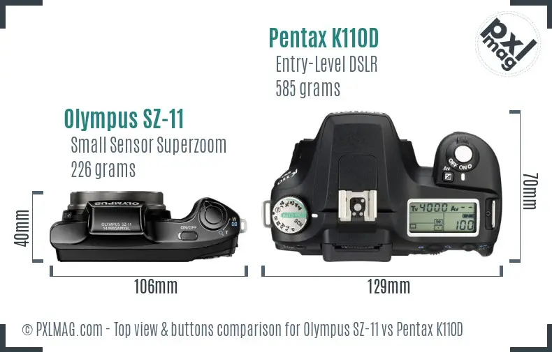 Olympus SZ-11 vs Pentax K110D top view buttons comparison Olympus SZ-11 vs Pentax K110D top view buttons comparison