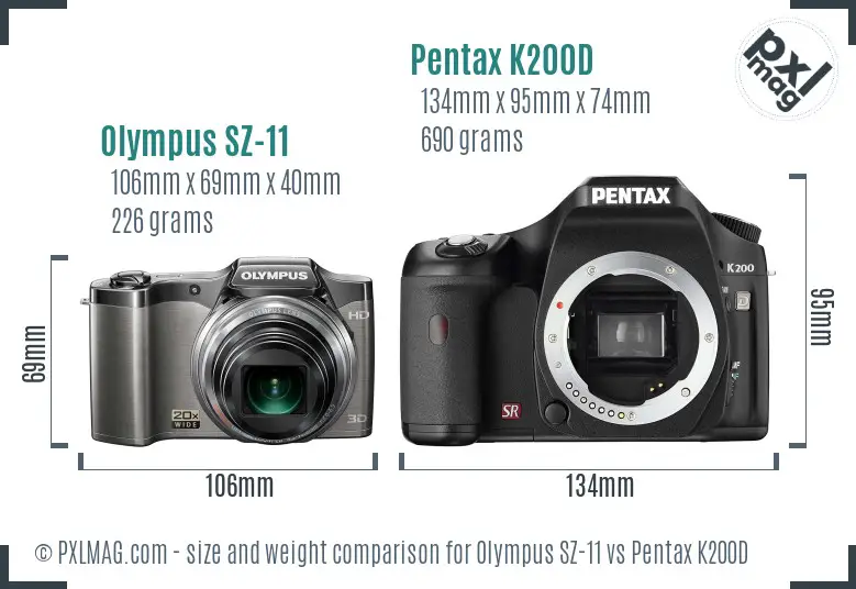 Olympus SZ-11 vs Pentax K200D size comparison