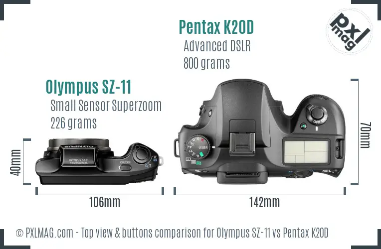 Olympus SZ-11 vs Pentax K20D top view buttons comparison Olympus SZ-11 vs Pentax K20D top view buttons comparison