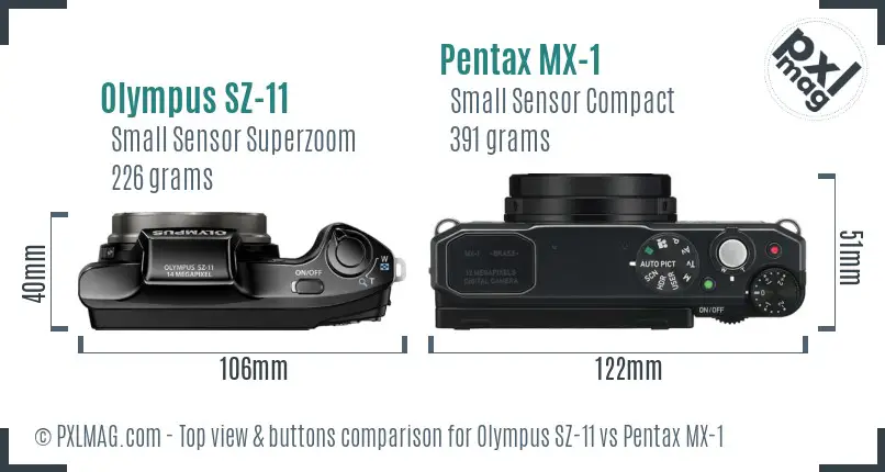 Olympus SZ-11 vs Pentax MX-1 top view buttons comparison
