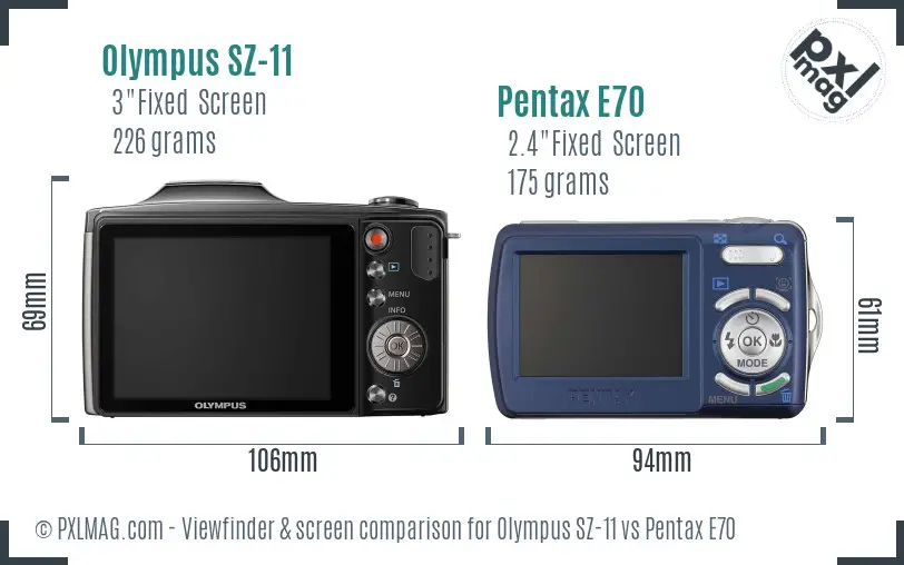 Olympus SZ-11 vs Pentax E70 Screen and Viewfinder comparison