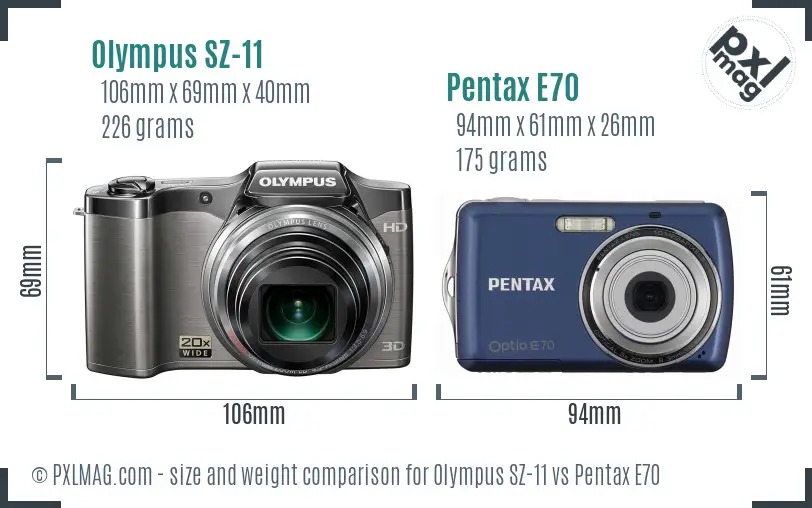 Olympus SZ-11 vs Pentax E70 size comparison