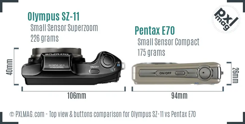 Olympus SZ-11 vs Pentax E70 top view buttons comparison