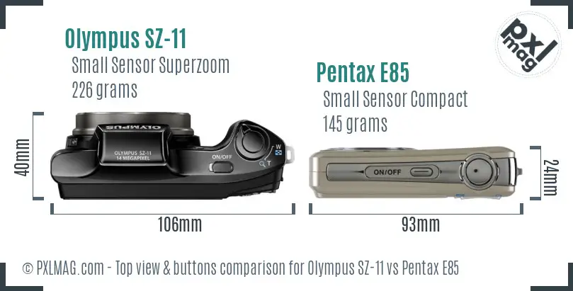 Olympus SZ-11 vs Pentax E85 top view buttons comparison