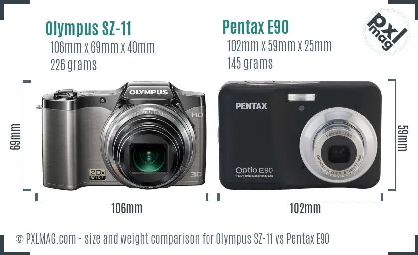 Olympus SZ-11 vs Pentax E90 size comparison