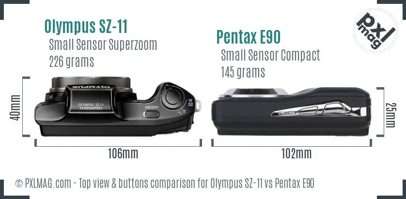 Olympus SZ-11 vs Pentax E90 top view buttons comparison