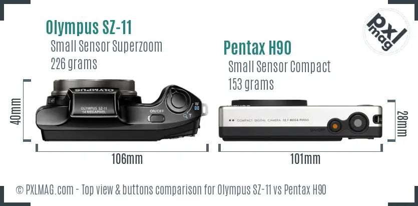 Olympus SZ-11 vs Pentax H90 top view buttons comparison
