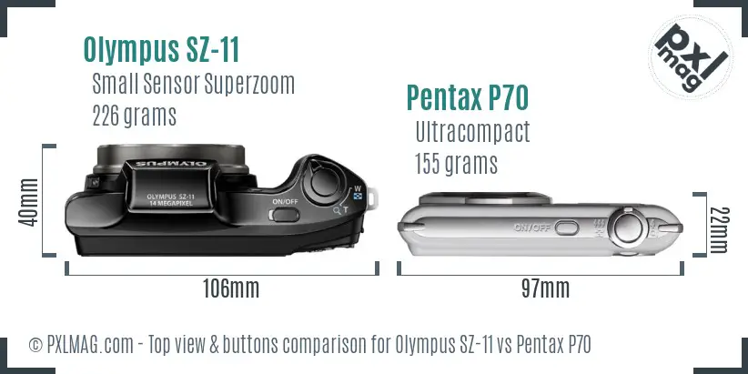 Olympus SZ-11 vs Pentax P70 top view buttons comparison