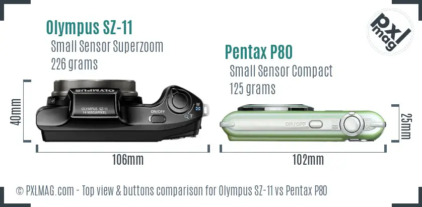 Olympus SZ-11 vs Pentax P80 top view buttons comparison