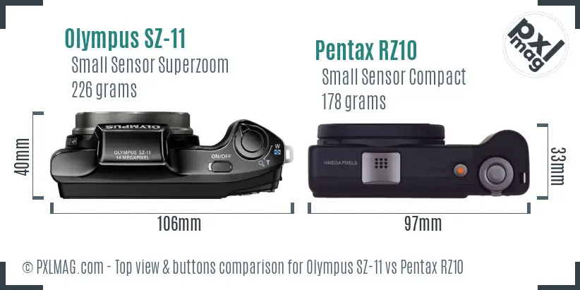 Olympus SZ-11 vs Pentax RZ10 top view buttons comparison