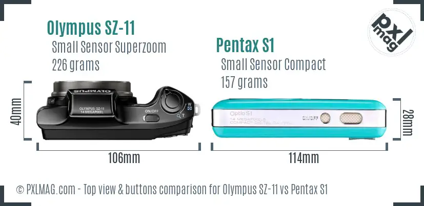 Olympus SZ-11 vs Pentax S1 top view buttons comparison