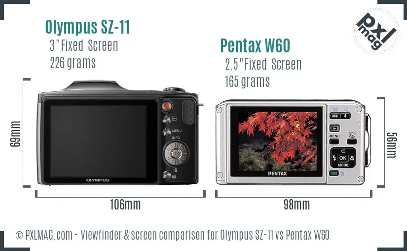 Olympus SZ-11 vs Pentax W60 Screen and Viewfinder comparison