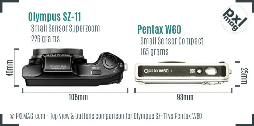Olympus SZ-11 vs Pentax W60 top view buttons comparison
