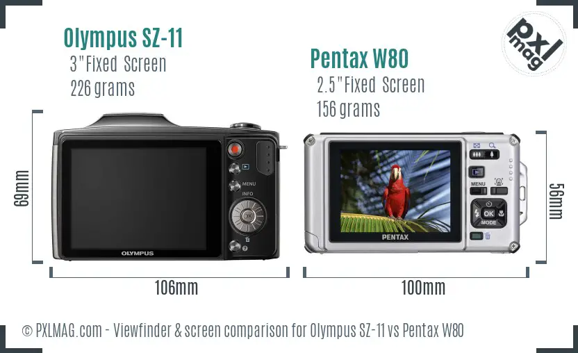 Olympus SZ-11 vs Pentax W80 Screen and Viewfinder comparison