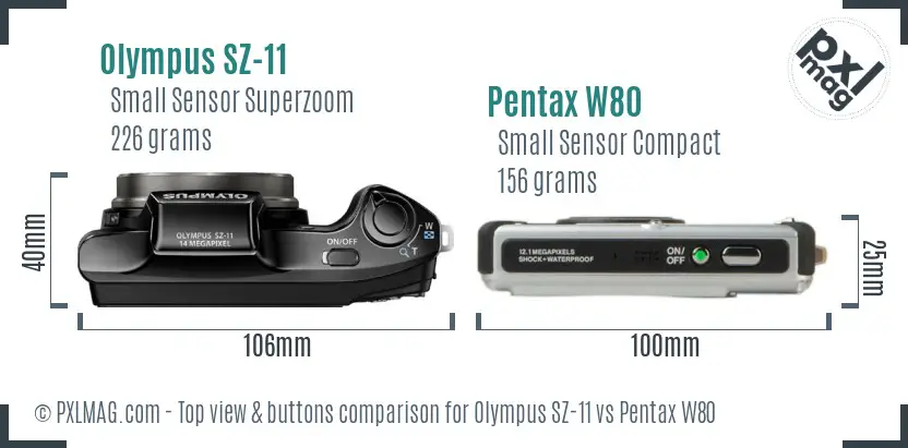 Olympus SZ-11 vs Pentax W80 top view buttons comparison