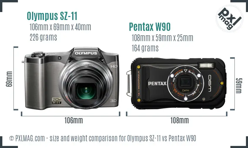Olympus SZ-11 vs Pentax W90 size comparison