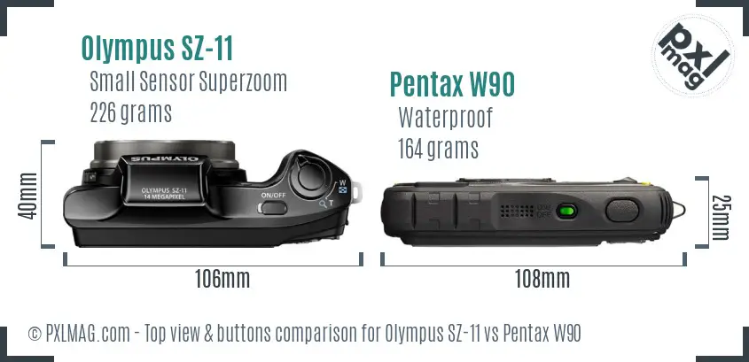 Olympus SZ-11 vs Pentax W90 top view buttons comparison