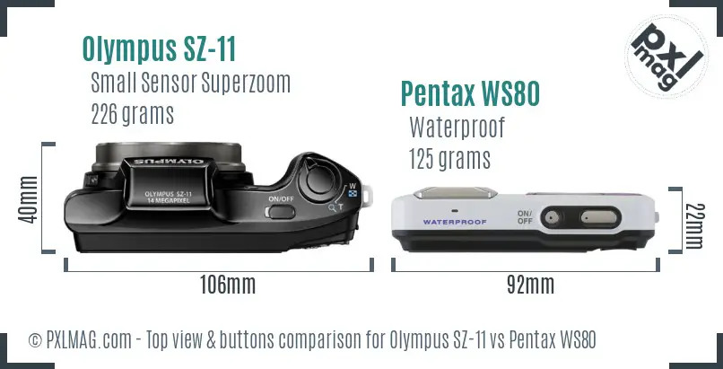 Olympus SZ-11 vs Pentax WS80 top view buttons comparison