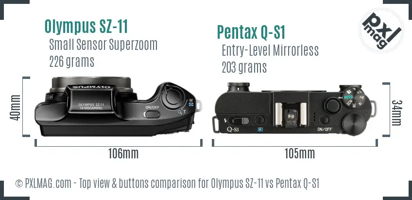 Olympus SZ-11 vs Pentax Q-S1 top view buttons comparison