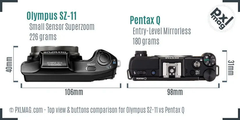 Olympus SZ-11 vs Pentax Q top view buttons comparison