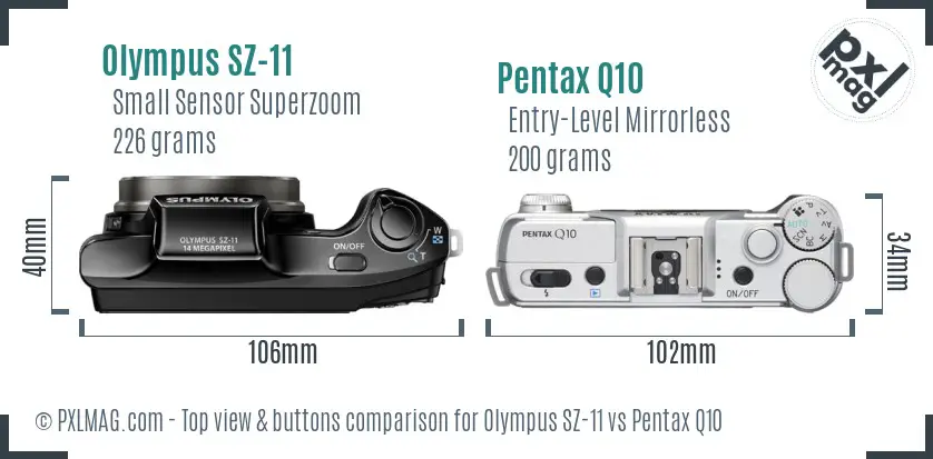 Olympus SZ-11 vs Pentax Q10 top view buttons comparison