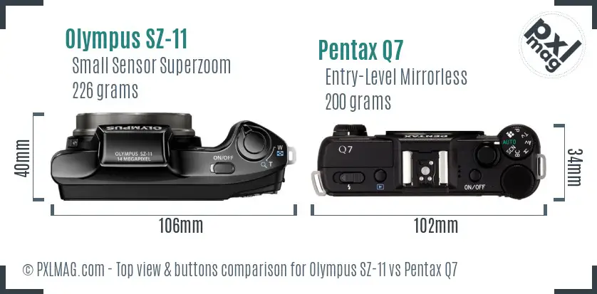 Olympus SZ-11 vs Pentax Q7 top view buttons comparison